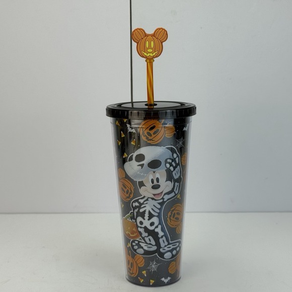Disney Other - Disney Halloween Mickey Mouse Skeleton Tumbler with Pumpkin Mickey Straw